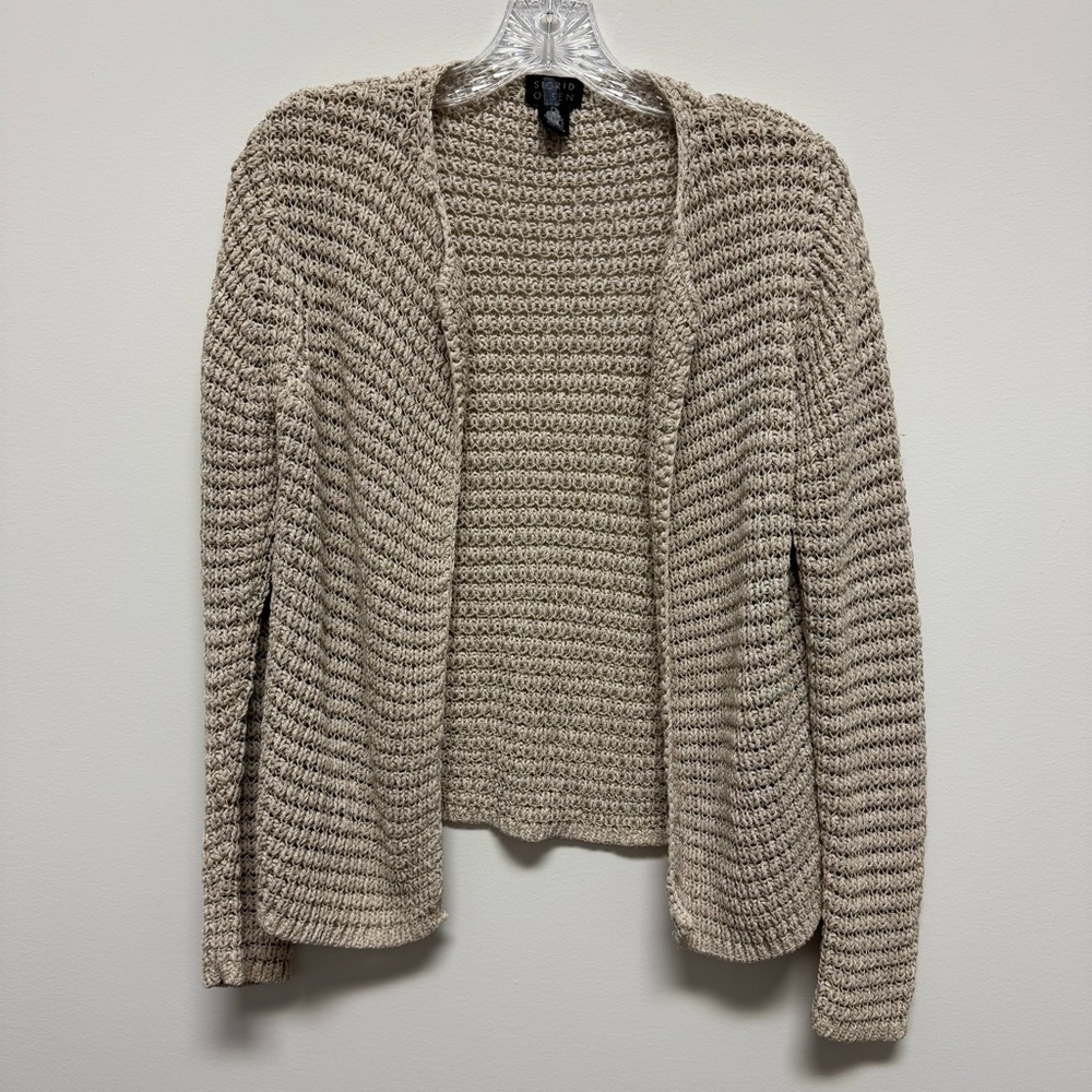 Sigrid Olsen Silk Blend Open Front Crochet Knit Cardigan Size M Oatmeal Metallic